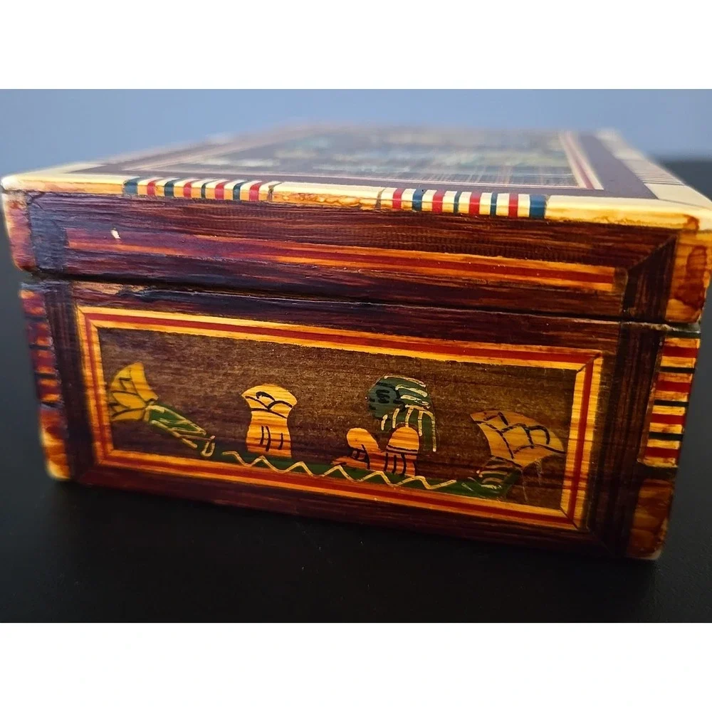Vintage Hinged Wood‎ Box Mother Of Pearl Carved Egyptian theme 2